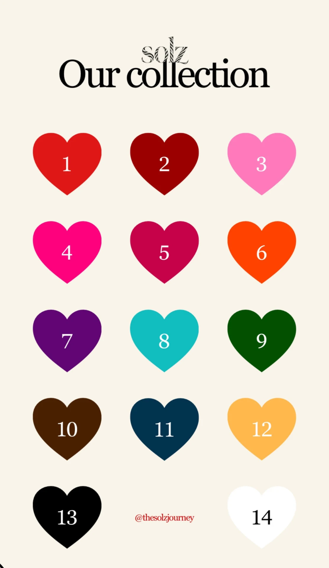 The 14 available grip colours, numbered one to fourteen